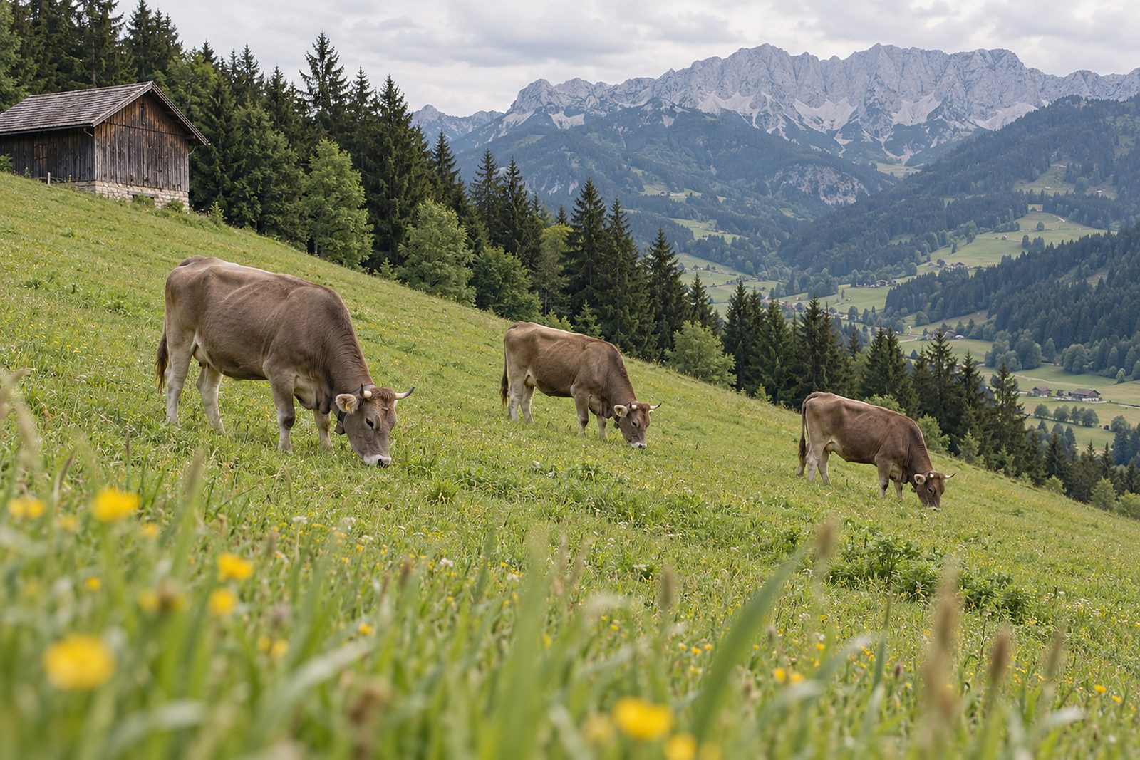 Braune Rinder grasen auf einer steilen Hangweide am Waldrand, weit hinten ein Kalkgrat (KI-Illustration)