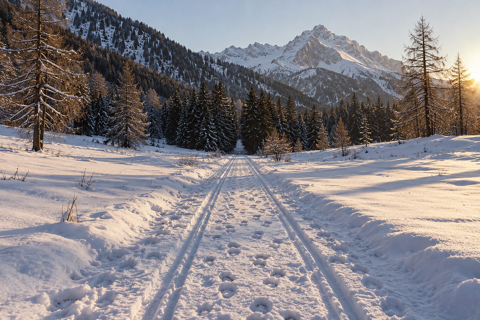 Verschneiter Talweg mit Kufen- und Hufspuren, der in einen Fichtenwald und zu einem verschneiten Gipfel führt (KI-Illustration)