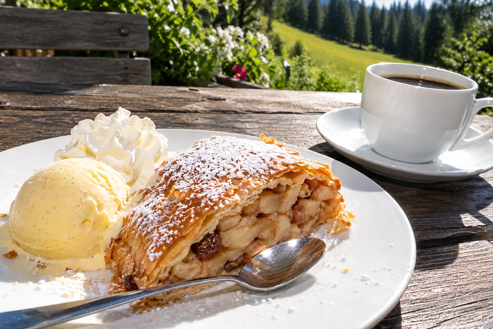 Apfelstrudel mit Vanilleeis und Sahne, daneben eine Tasse Kaffee auf einem Holztisch im Freien (KI-Illustration)
